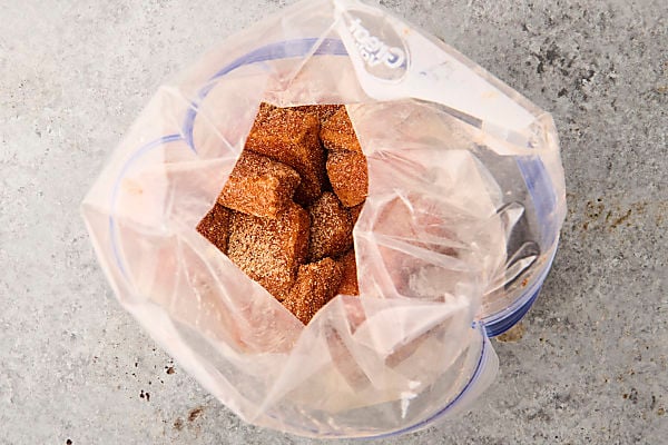 fully coated salmon bites in a baggie